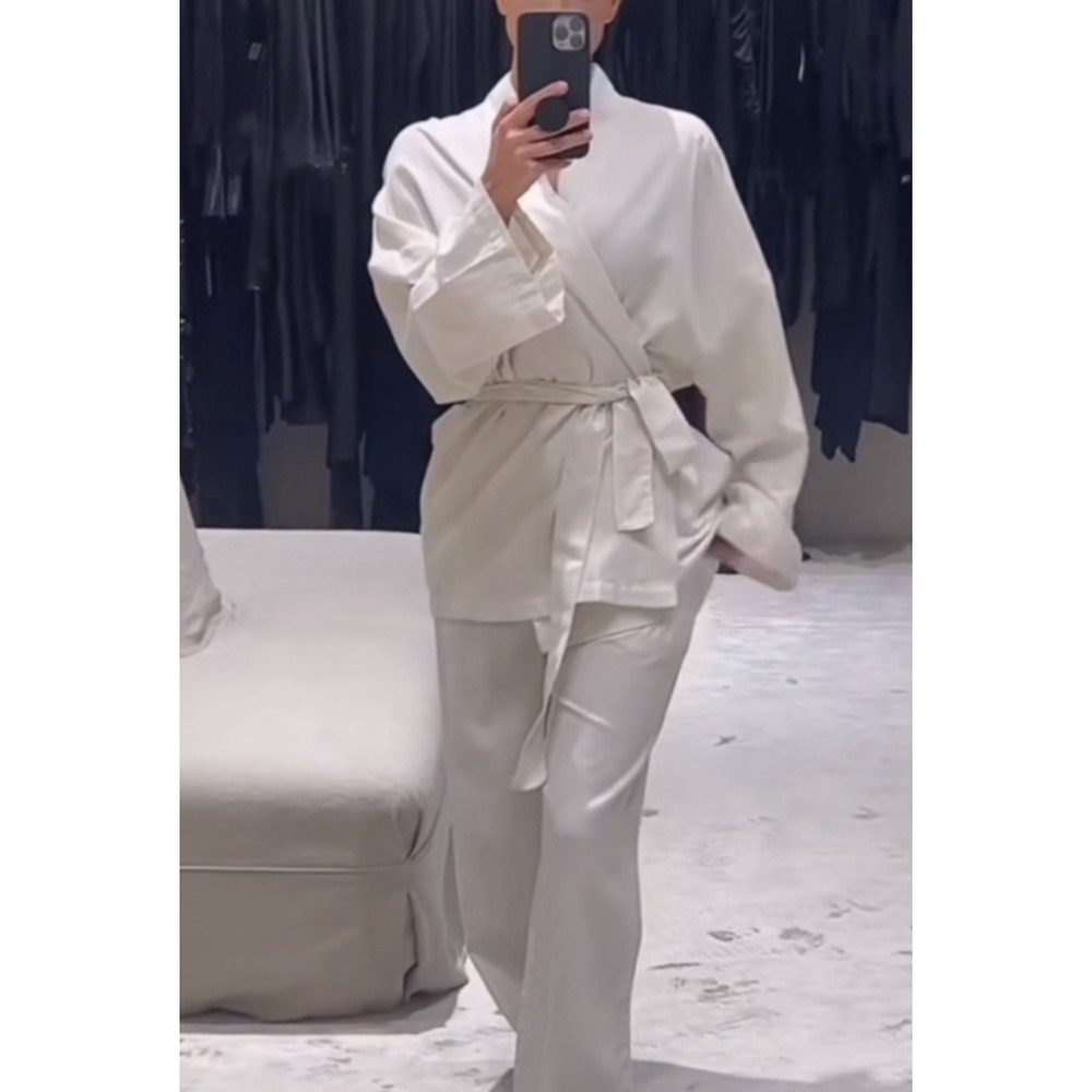 SKIMS Woven Kimono Wrap Top Bone Ivory White Small Loungewear Belted L/S